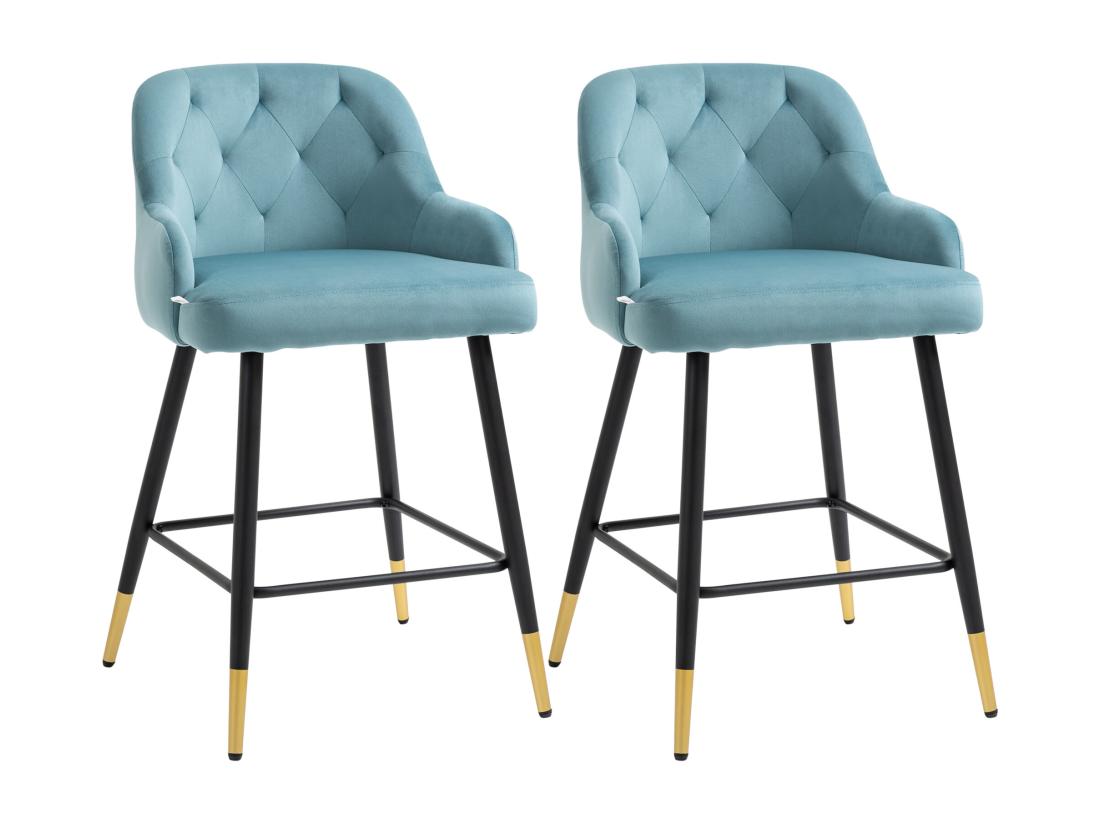 Vente Unique Lot De 2 Tabourets De Bar Design Chesterfield Effet Capitonné Piètement Métal Effilé Noir Extrémités Dorées Repose-pied Aspect Velours Bleu
