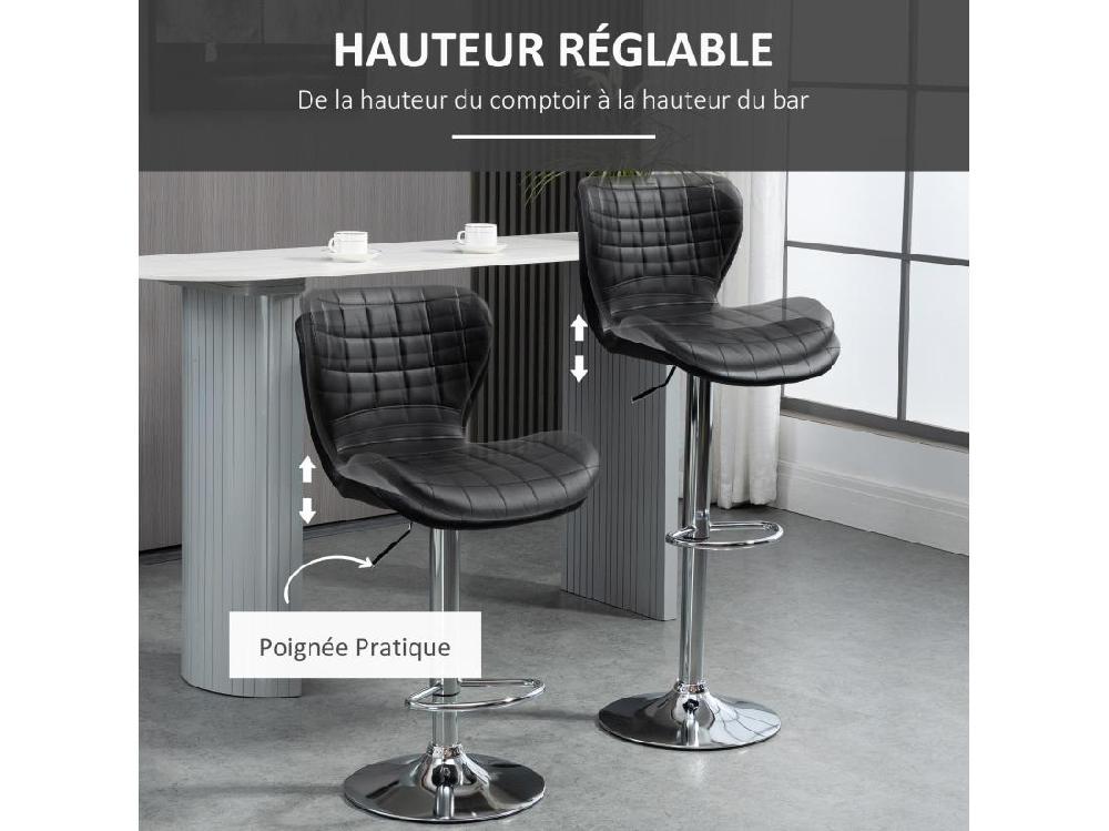 Vente Unique Lot De 2 Tabourets De Bar Design Contemporain Hauteur D'assise Réglable 59-81 Cm Pivotant 360° PU Noir