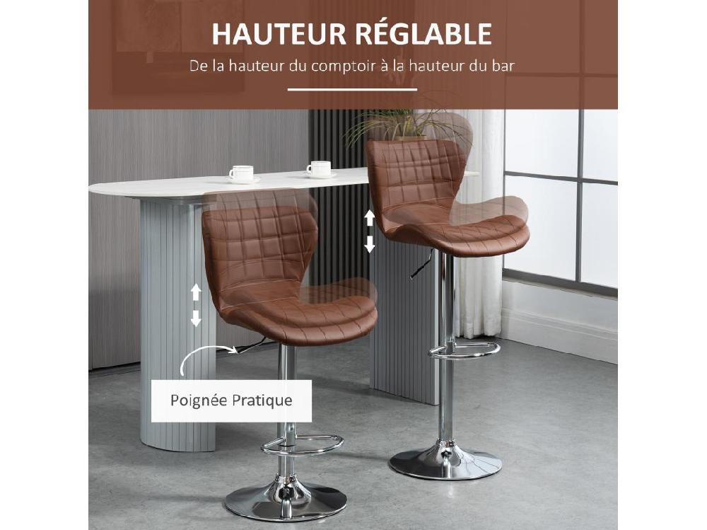 Vente Unique Lot De 2 Tabourets De Bar Design Contemporain Hauteur D'assise Réglable 59-81 Cm Pivotant 360° PU Marron