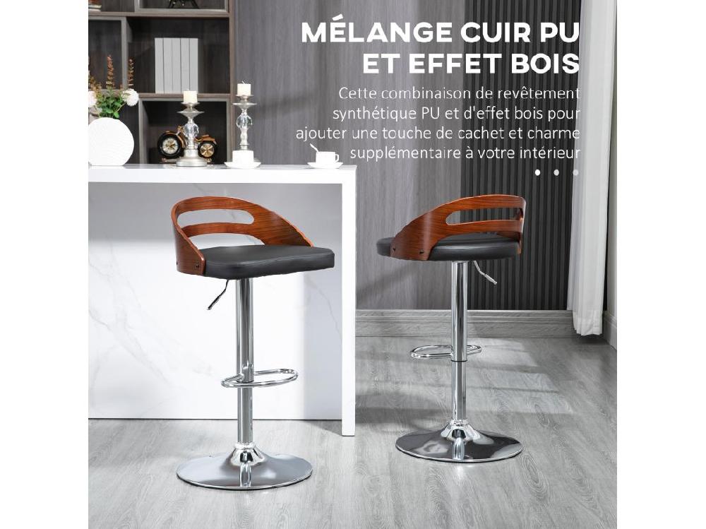 Vente Unique Lot De 2 Tabourets De Bar Design Contemporain Hauteur D'assise Réglable Pivotant 360° Revêtement Synthétique Noir Dossier Ajouré Aspect Bois