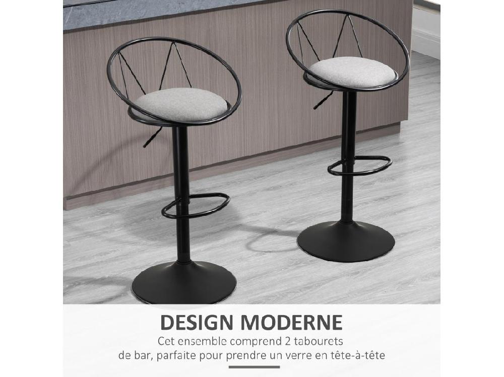 Vente Unique Lot De 2 Tabourets De Bar Design Néo-rétro Réglable Pivotant Avec Repose-pied Métal Noir Lin Gris