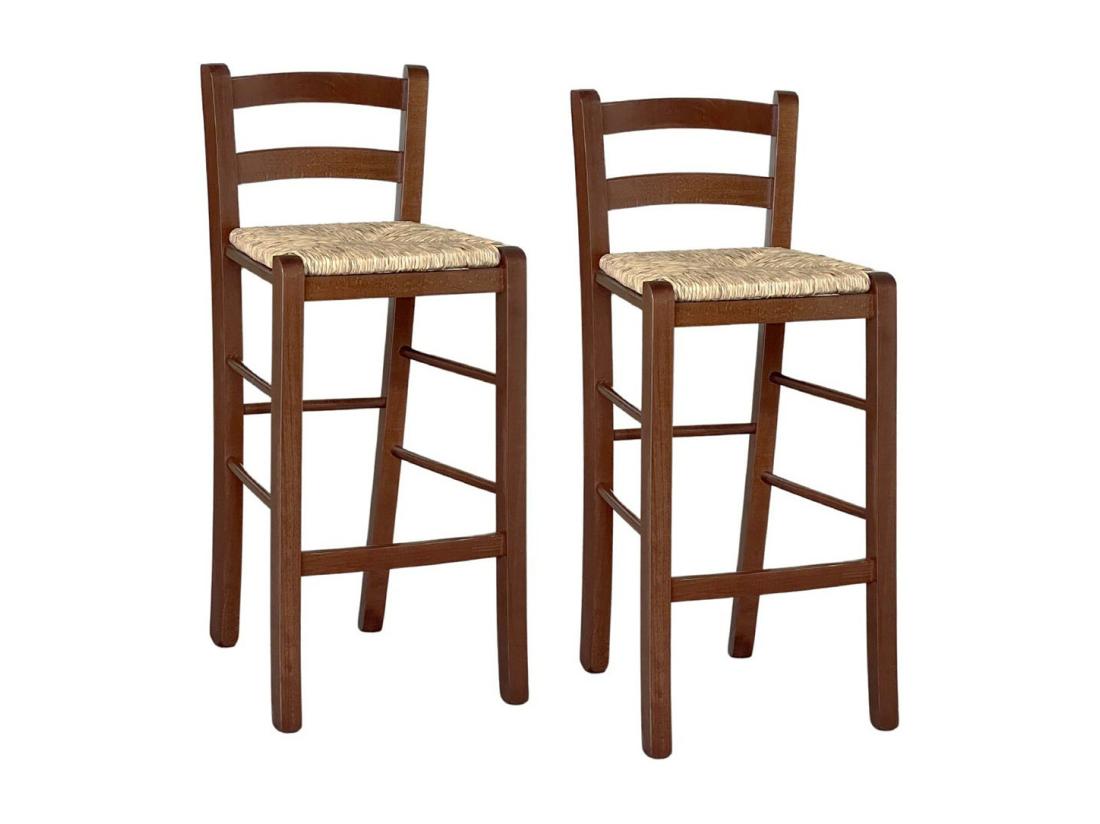 Vente Unique Lot De 2 Tabourets De Bar En Bois Avec Assise En Paille De Noyer Foncé H 67 Cm