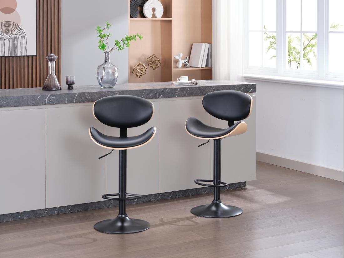 vente unique Lot de 2 tabourets de bar en simili placage chêne et métal - Hauteur réglable - Naturel clair et Noir - MONTENEGRO
