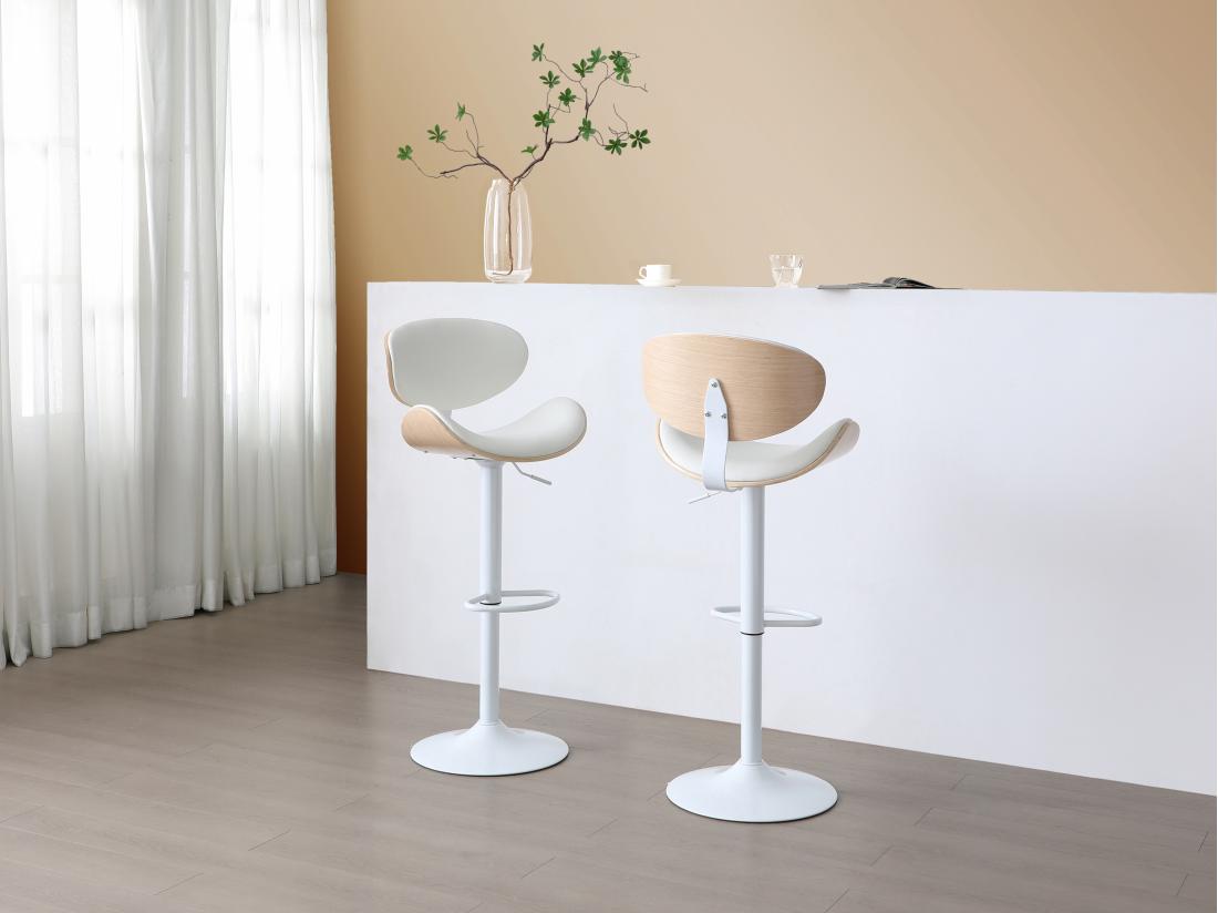 vente unique Lot de 2 tabourets de bar en simili placage chêne et métal - Hauteur réglable - Naturel clair et Blanc - MONTENEGRO