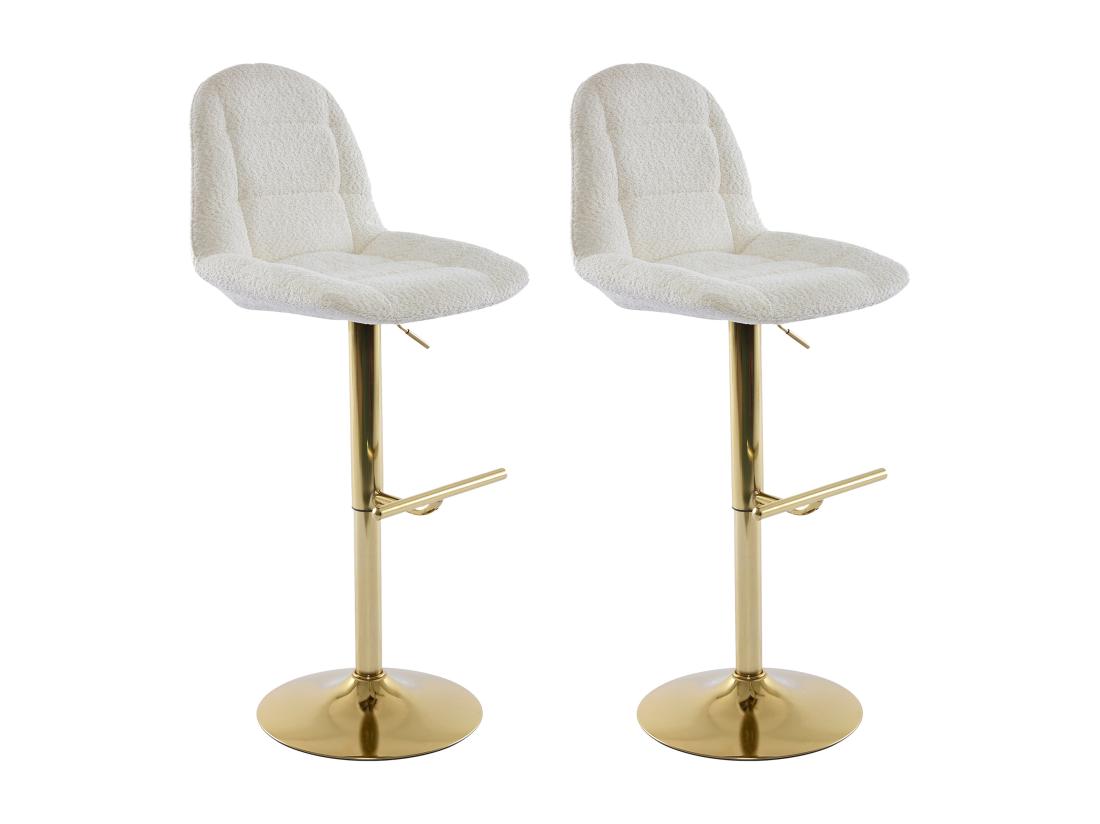 Vente Unique Lot De 2 Tabourets De Bar En Tissu Bouclette Et Métal Doré - Hauteur Réglable - Blanc - LOLY