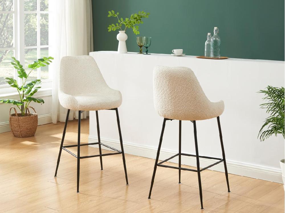 vente unique Lot de 2 tabourets de bar en tissu bouclette et métal noir - Blanc - TOYBA de Pascal Morabito