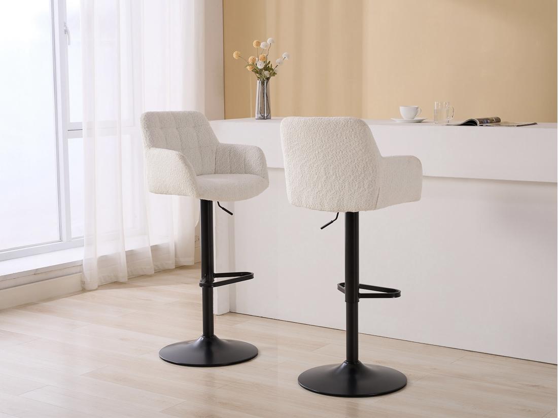 vente unique Lot de 2 tabourets de bar en tissu bouclette et métal noir - Hauteur réglable - Blanc - PEGA de Pascal MORABITO