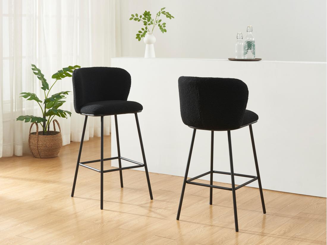 vente unique Lot de 2 tabourets de bar en tissu bouclette et métal - Noir - SENORASE