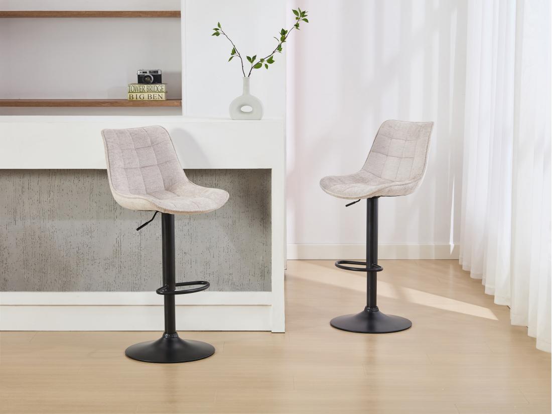 vente unique Lot de 2 tabourets de bar en tissu bouclette et métal noir - Hauteur réglable - Blanc - LIMA II