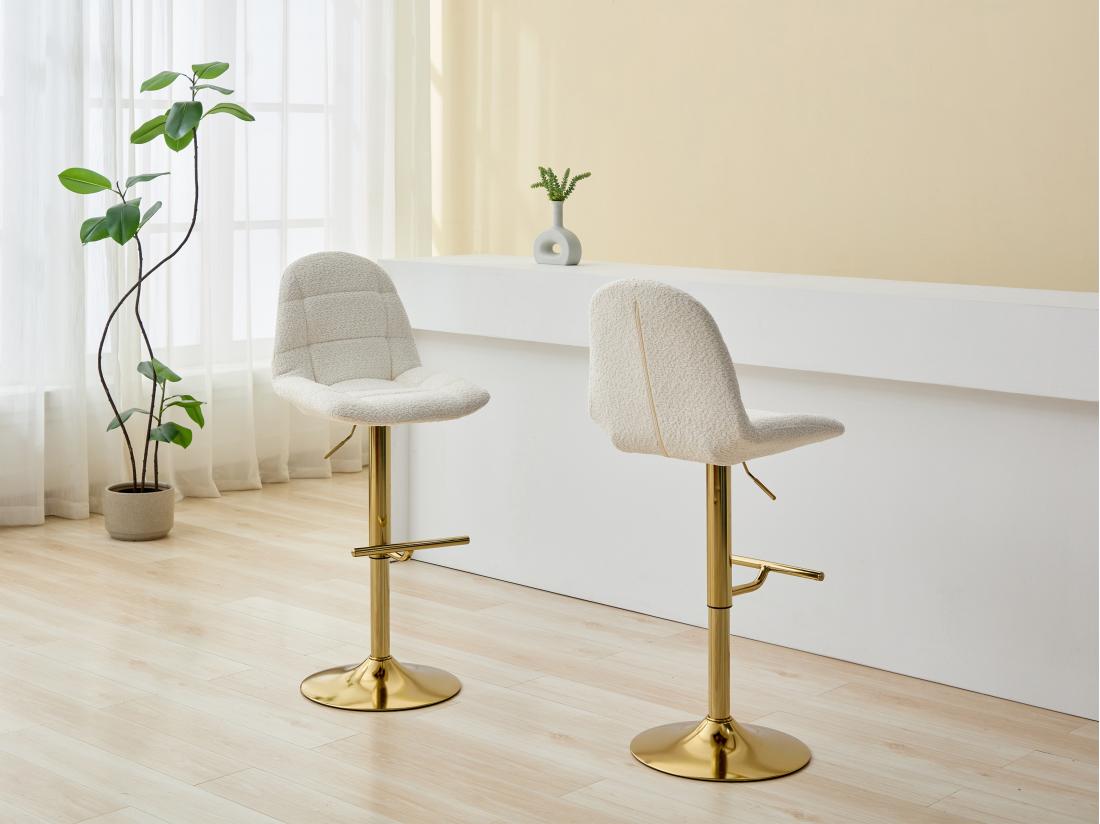 vente unique Lot de 2 tabourets de bar en tissu bouclette et métal doré - Hauteur réglable - Blanc - LOLY