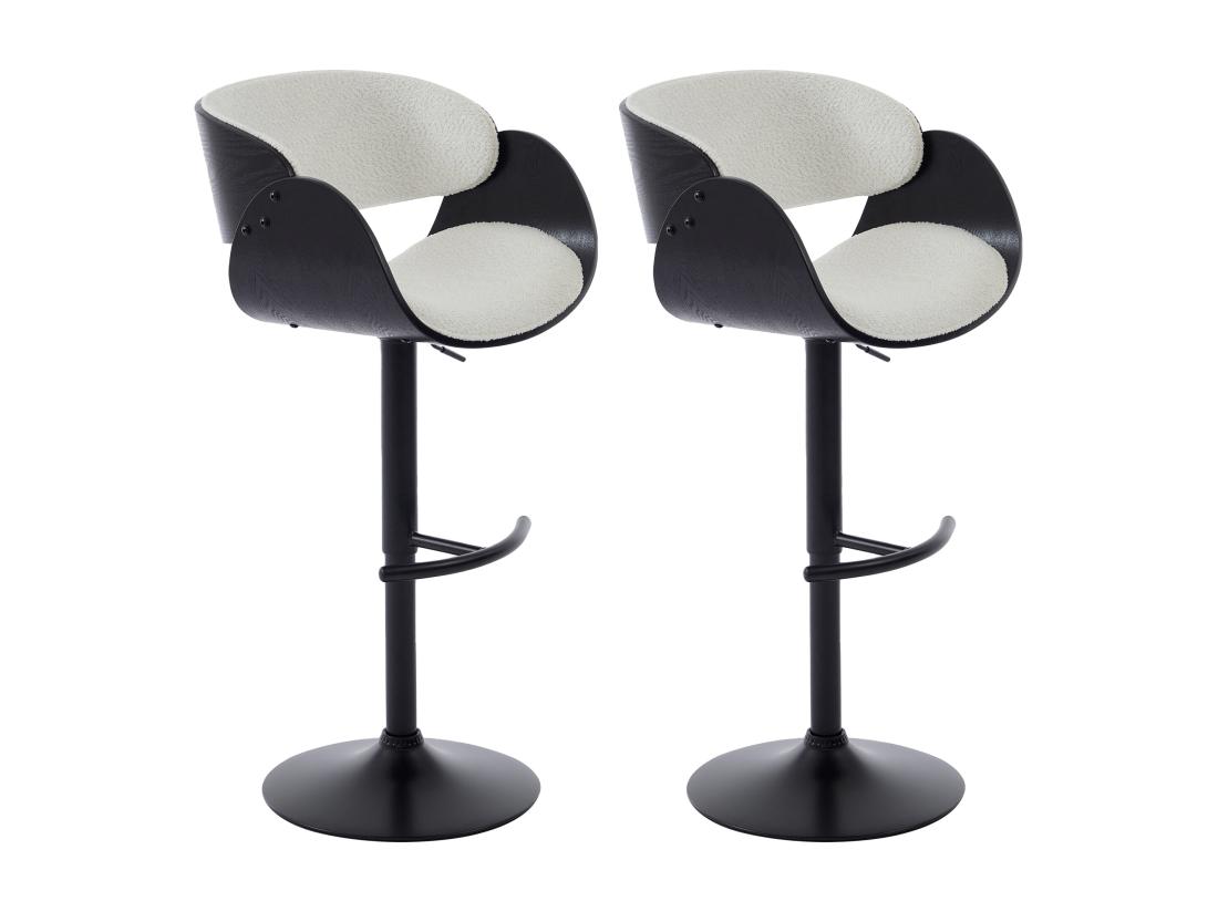 Vente Unique Lot De 2 Tabourets De Bar En Tissu Bouclette Placage Frêne Et Métal - Hauteur Réglable - Blanc Et Noir - JELSA