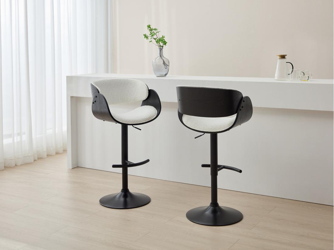 vente unique Lot de 2 tabourets de bar en tissu bouclette placage frêne et métal - Hauteur Réglable - Blanc et Noir - JELSA