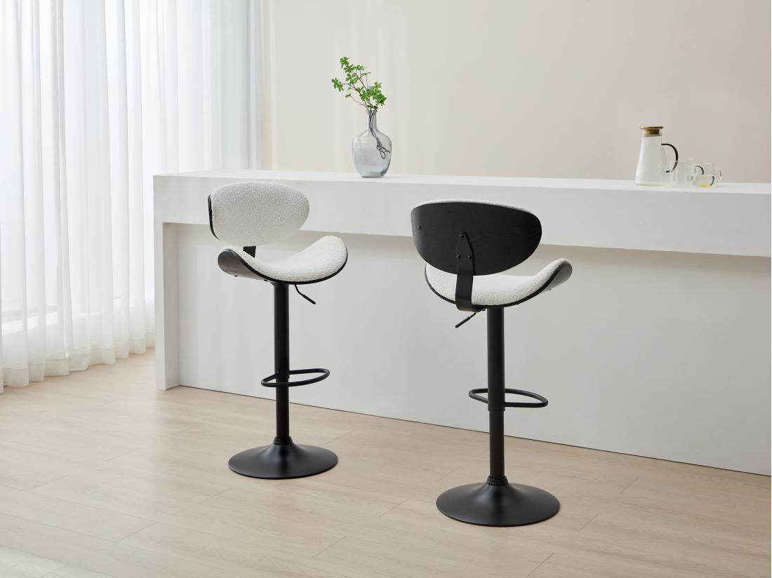 vente unique Lot de 2 tabourets de bar en tissu bouclette placage frêne et métal - Hauteur réglable - Blanc et Noir - MONTENEGRO vente unique Lot de 2 tabourets de bar en tissu bouclette placage frêne et métal - Hauteur réglable - Blanc et Noir - MONTENEGRO