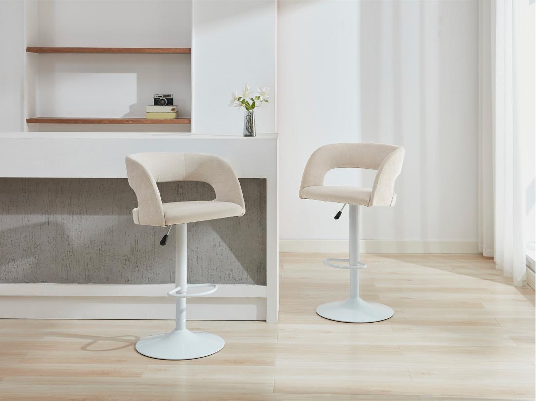 vente unique Lot de 2 tabourets de bar en tissu et métal blanc - Hauteur réglable - Crème - LAJUNIA