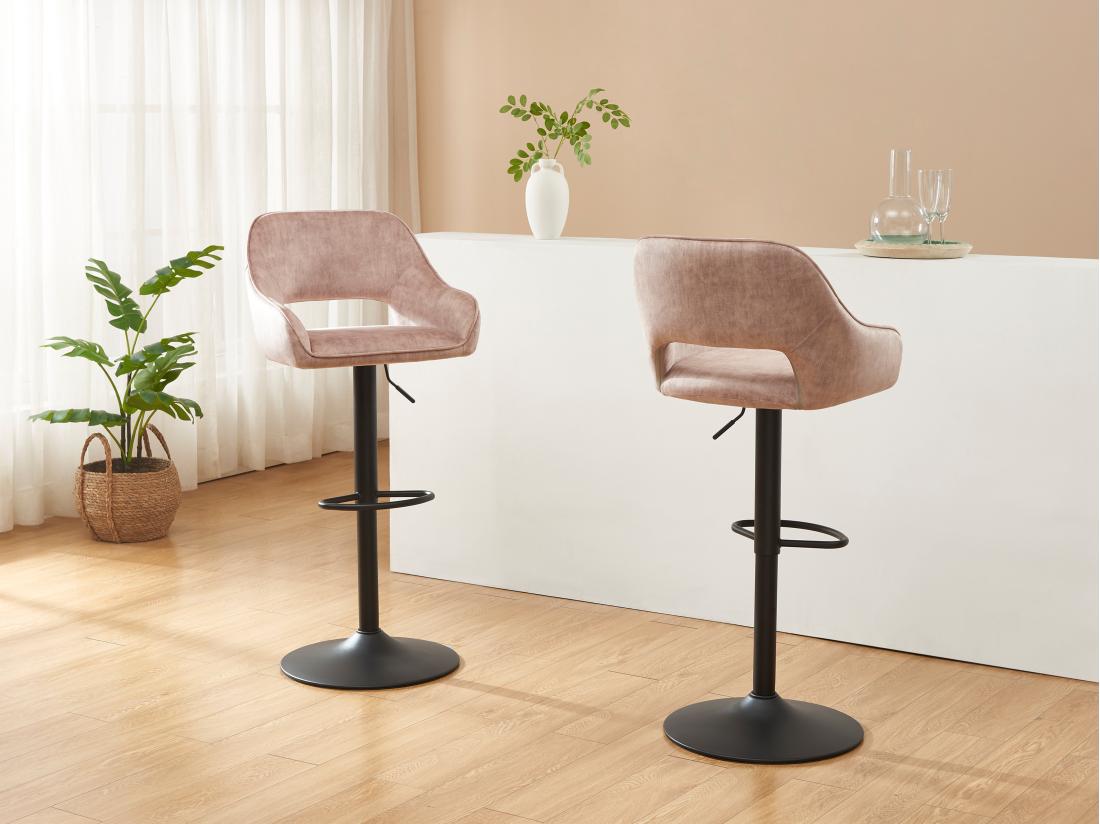 vente unique Lot de 2 tabourets de bar en tissu et métal noir - Hauteur réglable - Beige - ZINEA
