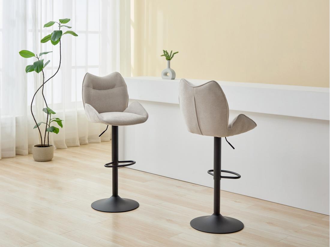 vente unique Lot de 2 tabourets de bar en tissu et métal noir - Hauteur réglable - Beige - LILAYA
