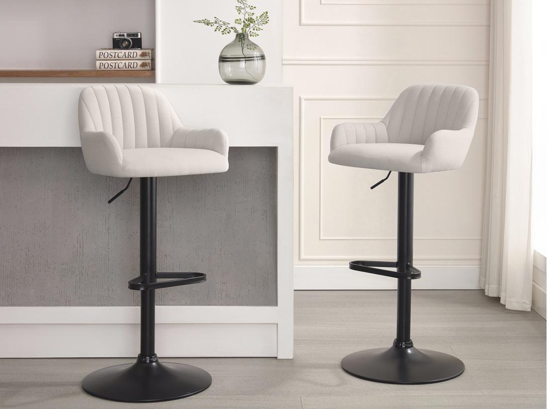 Vente Unique Lot De 2 Tabourets De Bar En Tissu Et Métal Noir - Hauteur Réglable - Crème - ELEANA