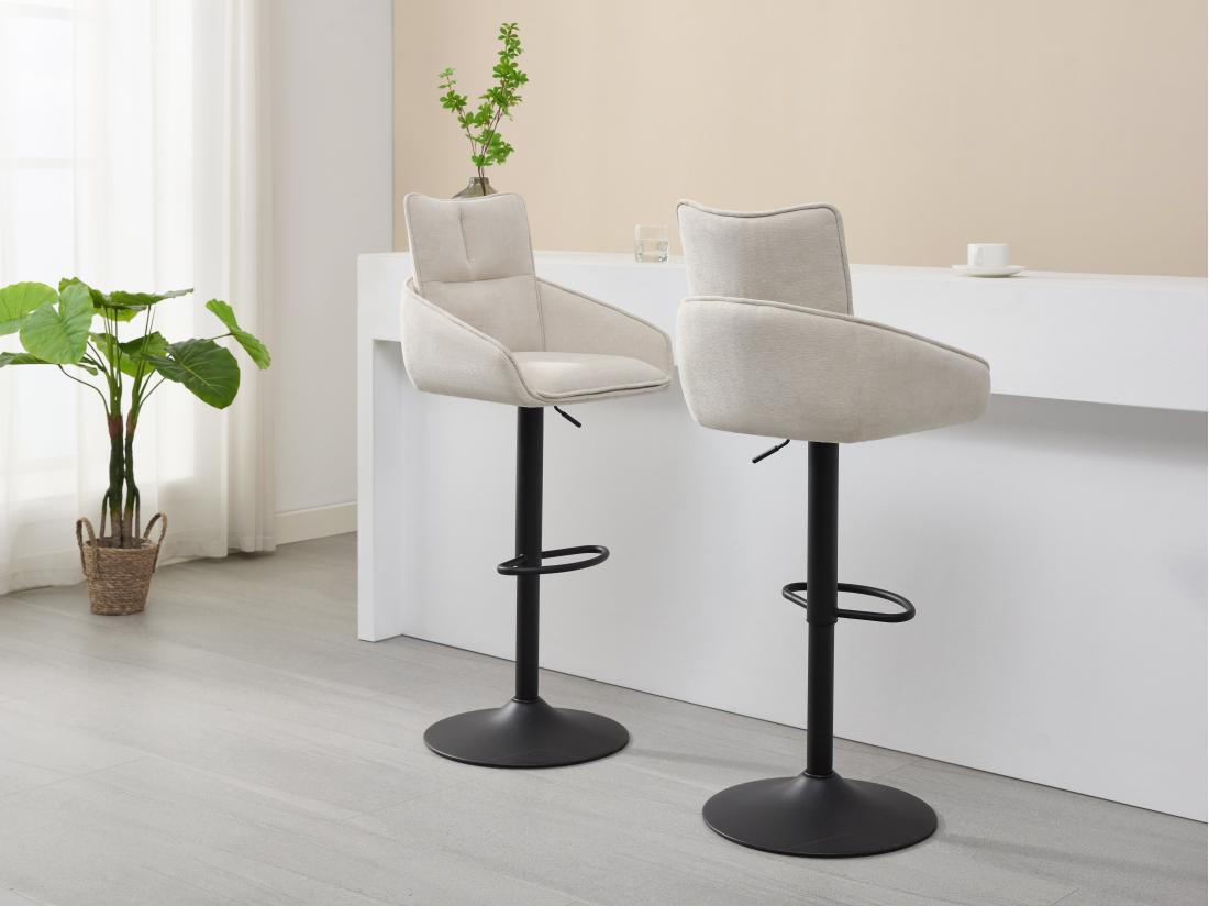 vente unique Lot de 2 tabourets de bar en tissu et métal noir - Hauteur réglable - Crème - LIKOLIA