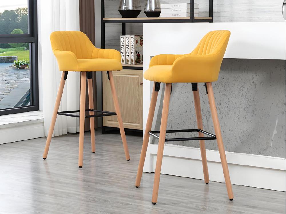 vente unique Lot de 2 tabourets de bar en tissu et pieds bois de hêtre - Jaune - ELEANA