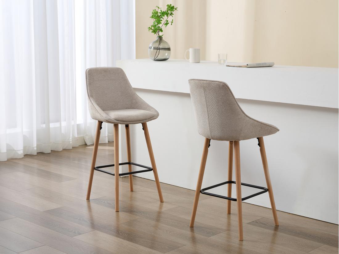 vente unique Lot de 2 tabourets de bar en tissu texturé et hêtre - Beige - MASURIE