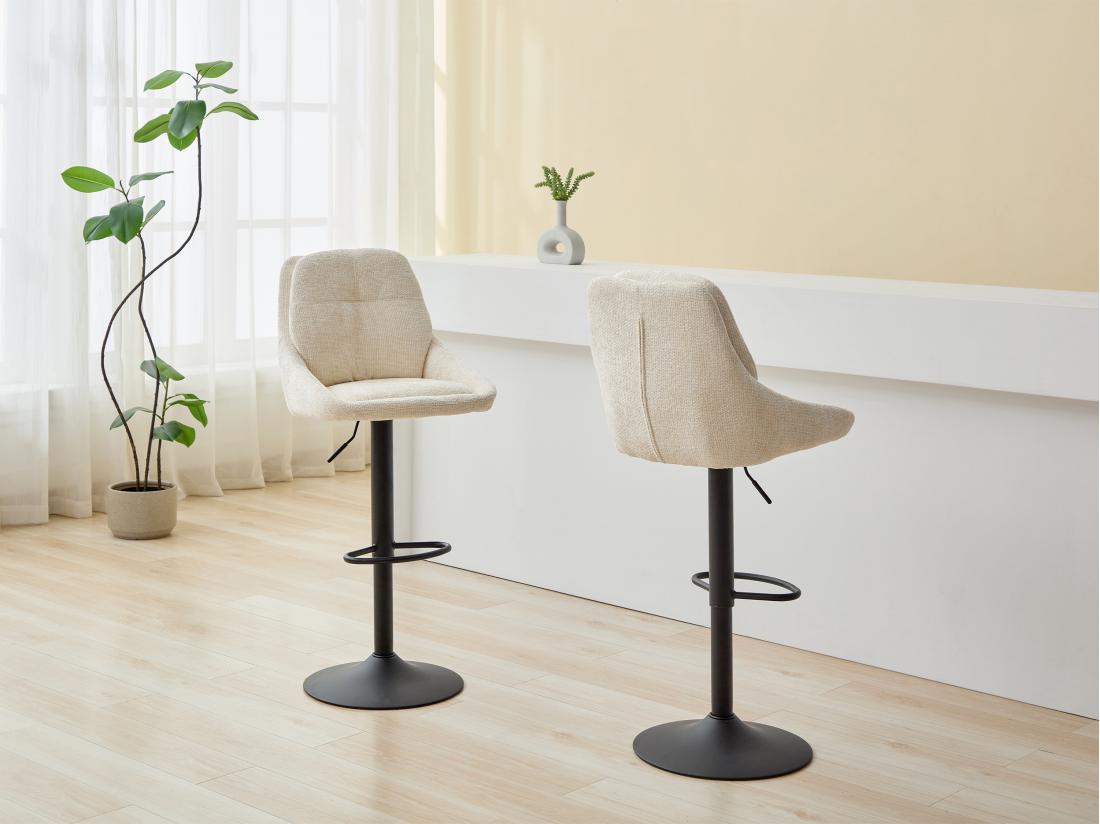vente unique Lot de 2 tabourets de bar en tissu texturé et métal noir - Hauteur réglable - Crème - LARANZA