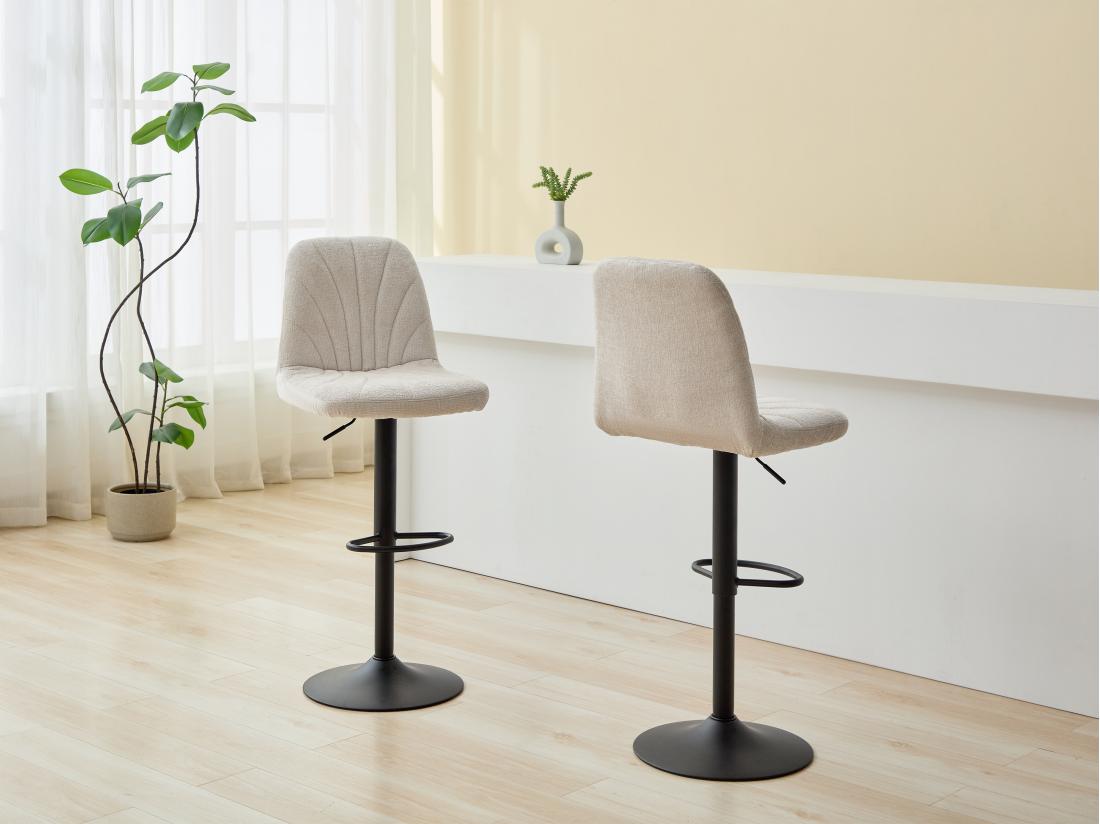 vente unique Lot de 2 tabourets de bar en tissu texturé et métal noir - Hauteur réglable - Crème - LASANDRIA
