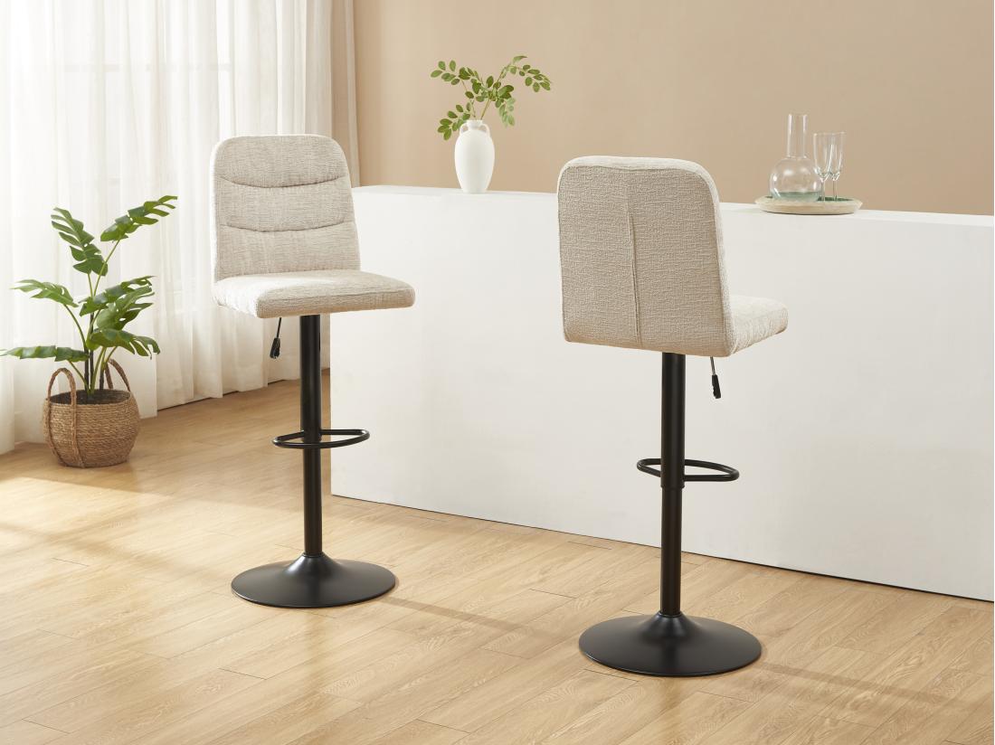 vente unique Lot de 2 tabourets de bar en tissu texturé et métal noir - Hauteur réglable - Beige - KELIANO