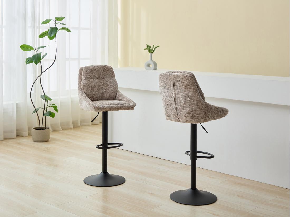 vente unique Lot de 2 tabourets de bar en tissu texturé et métal noir - Hauteur réglable - Taupe - LARANZA