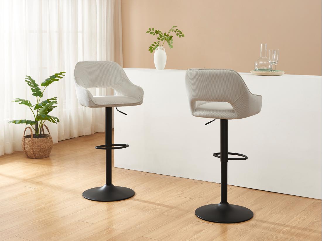 vente unique Lot de 2 tabourets de bar en velours côtelé et métal noir - Hauteur réglable - Crème - ZINEA