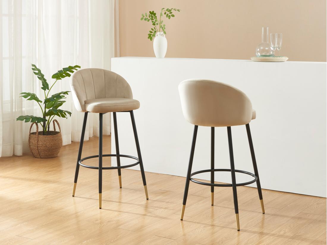 vente unique Lot de 2 tabourets de bar en velours et métal - Beige - ELIRAM