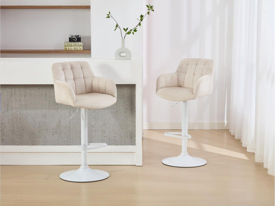 vente unique Lot de 2 tabourets de bar en velours et métal blanc - Hauteur réglable - Crème - PEGA de Pascal MORABITO