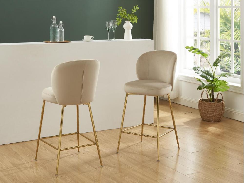 vente unique Lot de 2 tabourets de bar en velours et métal doré - Beige - POLPONA de Pascal MORABITO