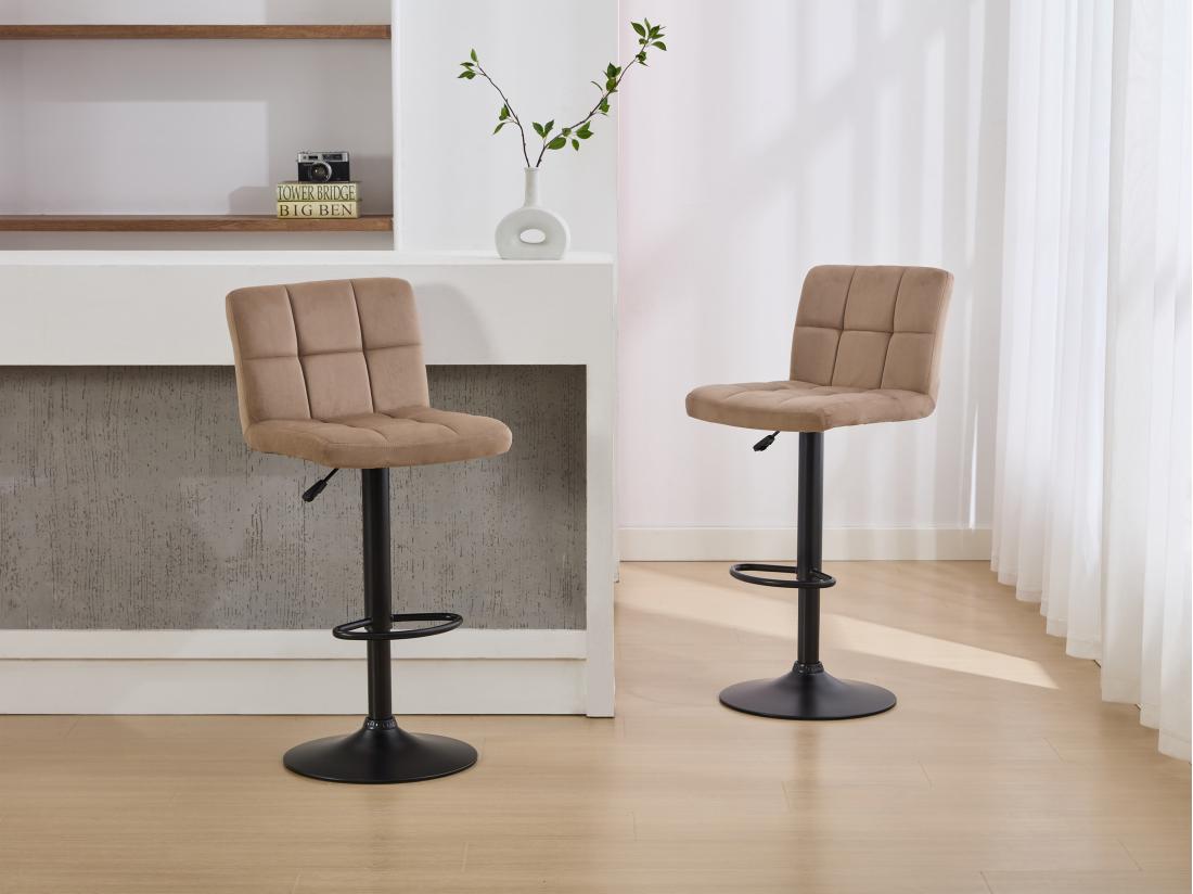 vente unique Lot de 2 tabourets de bar en velours et métal - Hauteur réglable - Beige - JUSTANA