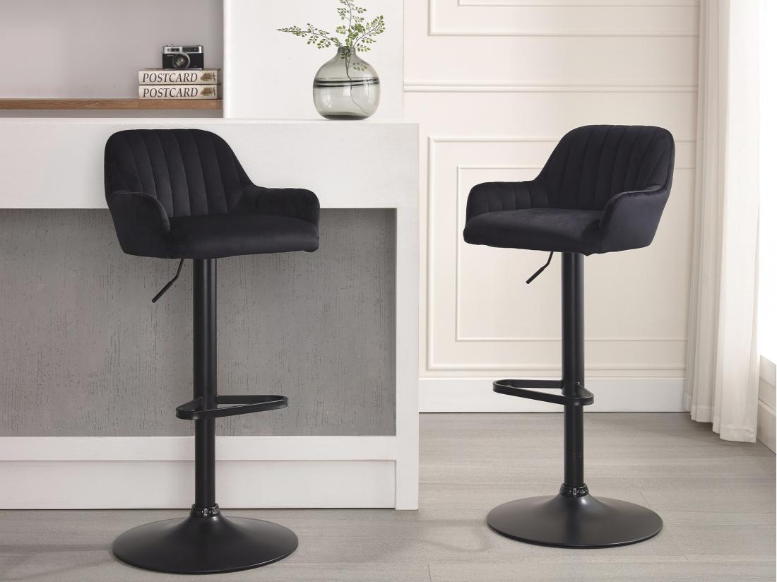 Vente Unique Lot De 2 Tabourets De Bar En Velours Et Métal - Hauteur Réglable - Noir - ELEANA