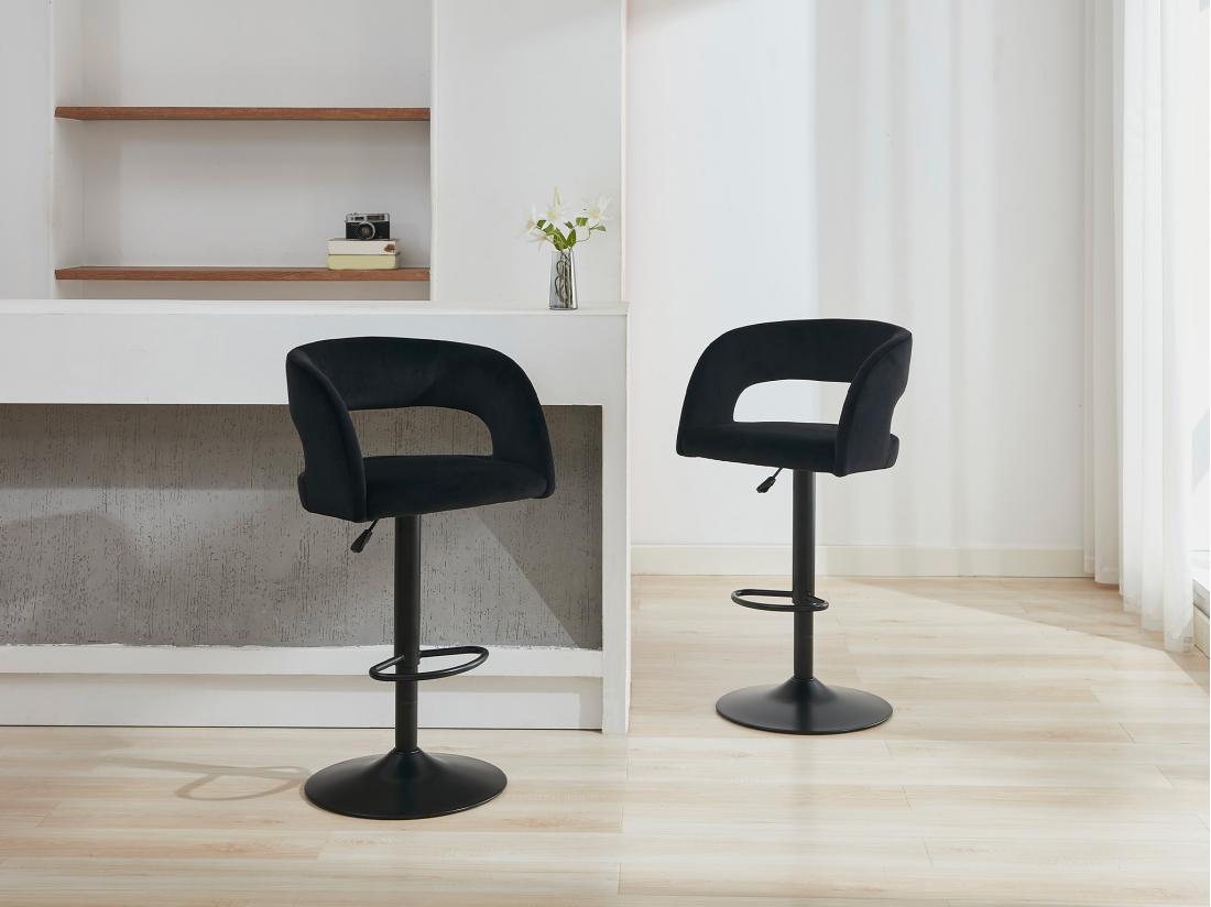 vente unique Lot de 2 tabourets de bar en velours et métal - Hauteur réglable - Noir - LAJUNIA