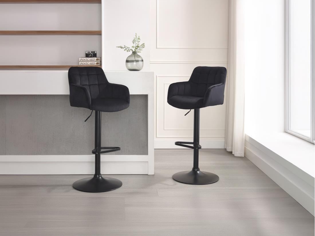 vente unique Lot de 2 tabourets de bar en velours et métal - Hauteur réglable - Noir - PEGA de Pascal MORABITO