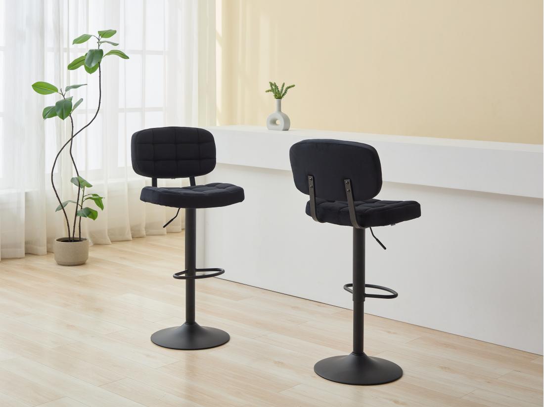 vente unique Lot de 2 tabourets de bar en velours et métal - Hauteur réglable - Noir - LINARA