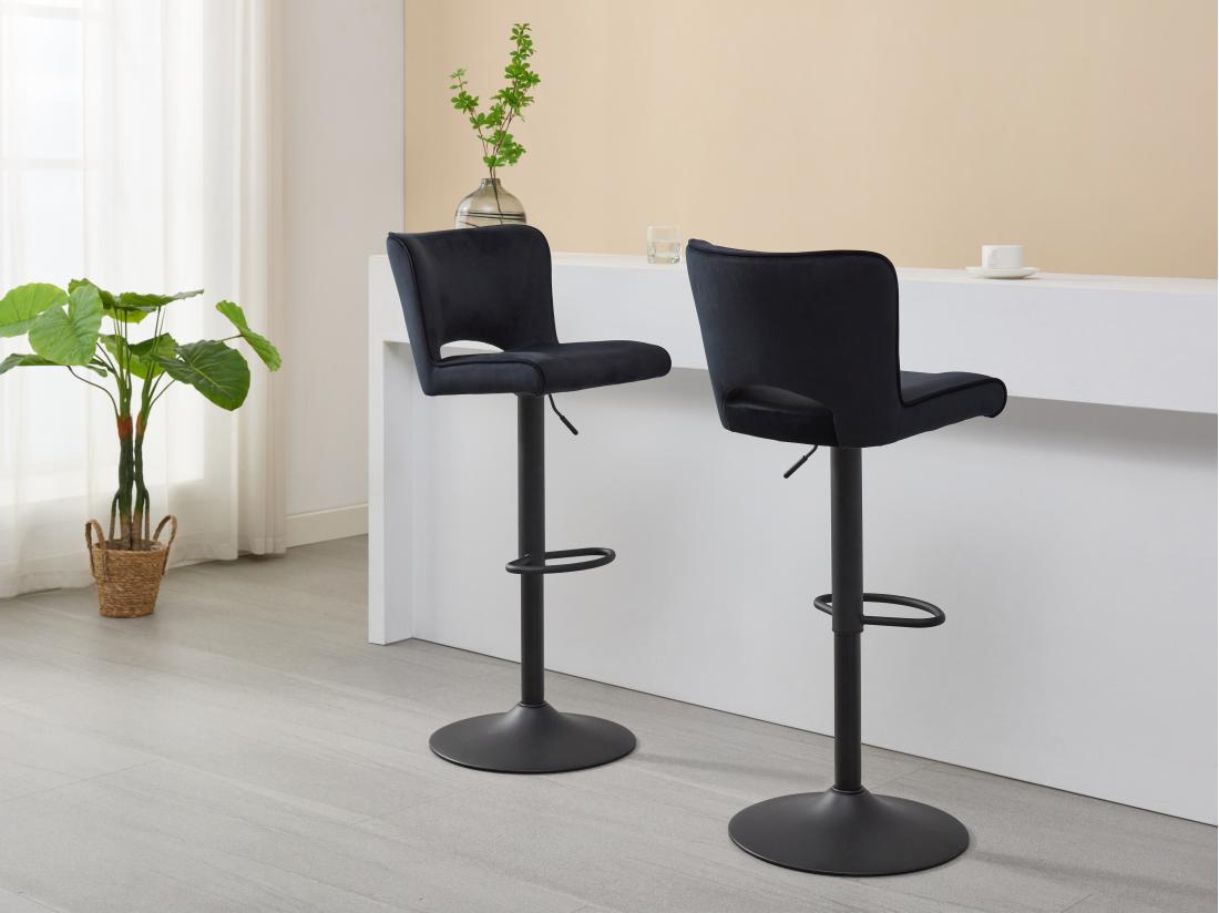 vente unique Lot de 2 tabourets de bar en velours et métal - Hauteur réglable - Noir - MIRIALO
