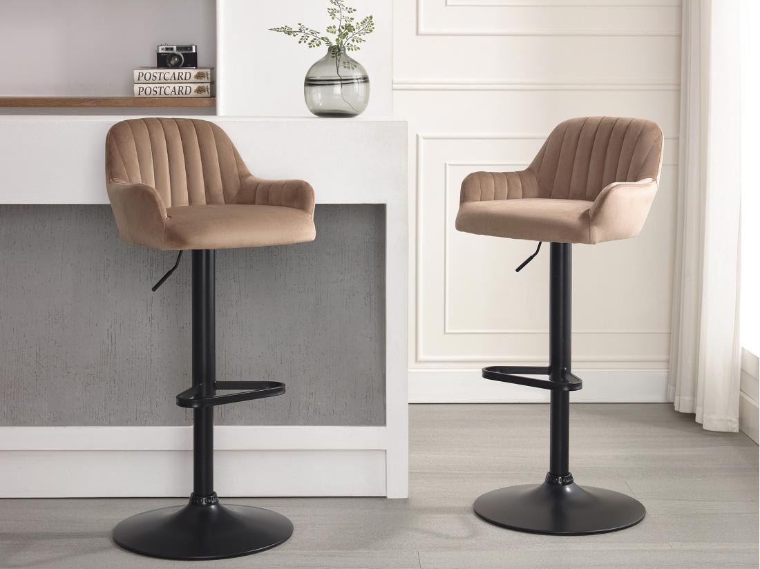 Vente Unique Lot De 2 Tabourets De Bar En Velours Et Métal Noir - Hauteur Réglable - Beige - ELEANA