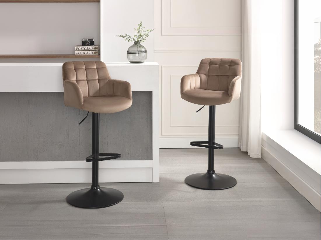 vente unique Lot de 2 tabourets de bar en velours et métal noir - Hauteur réglable - Beige - PEGA de Pascal MORABITO