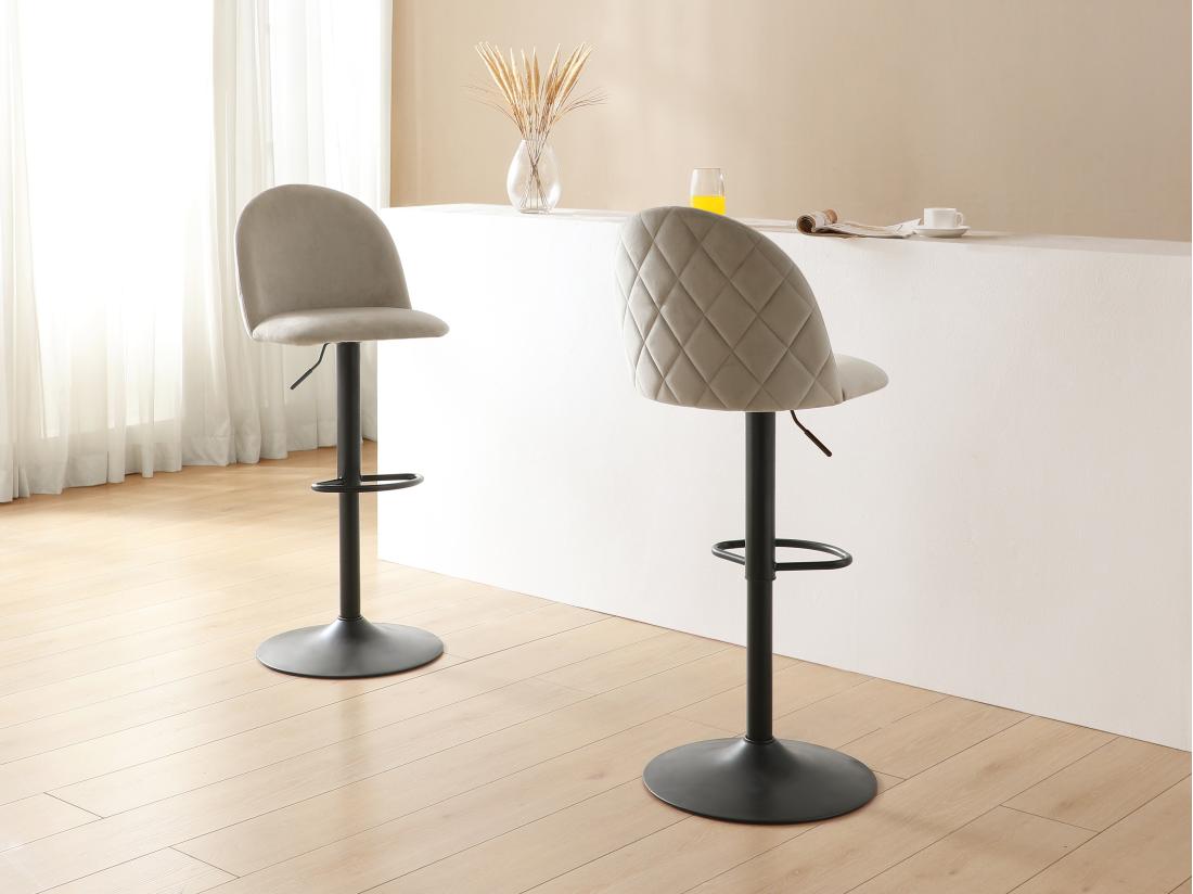 vente unique Lot de 2 tabourets de bar en velours et métal noir - Hauteur réglable - Beige - MELBOURNE