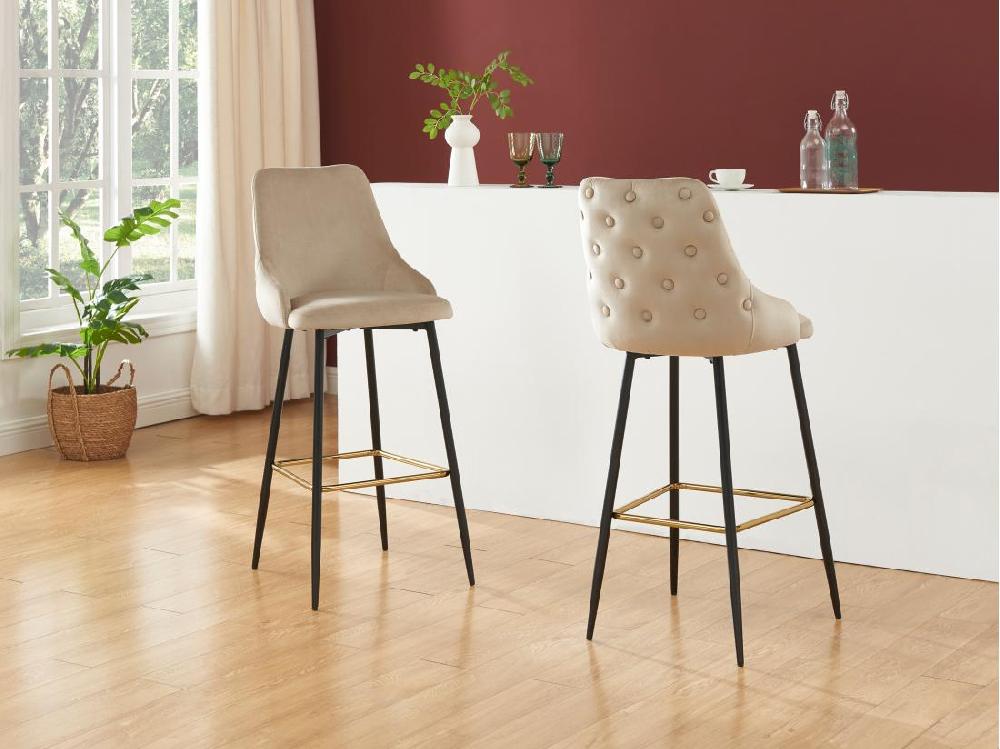 vente unique Lot de 2 tabourets de bar en velours et métal noir - Beige - VEVLINA