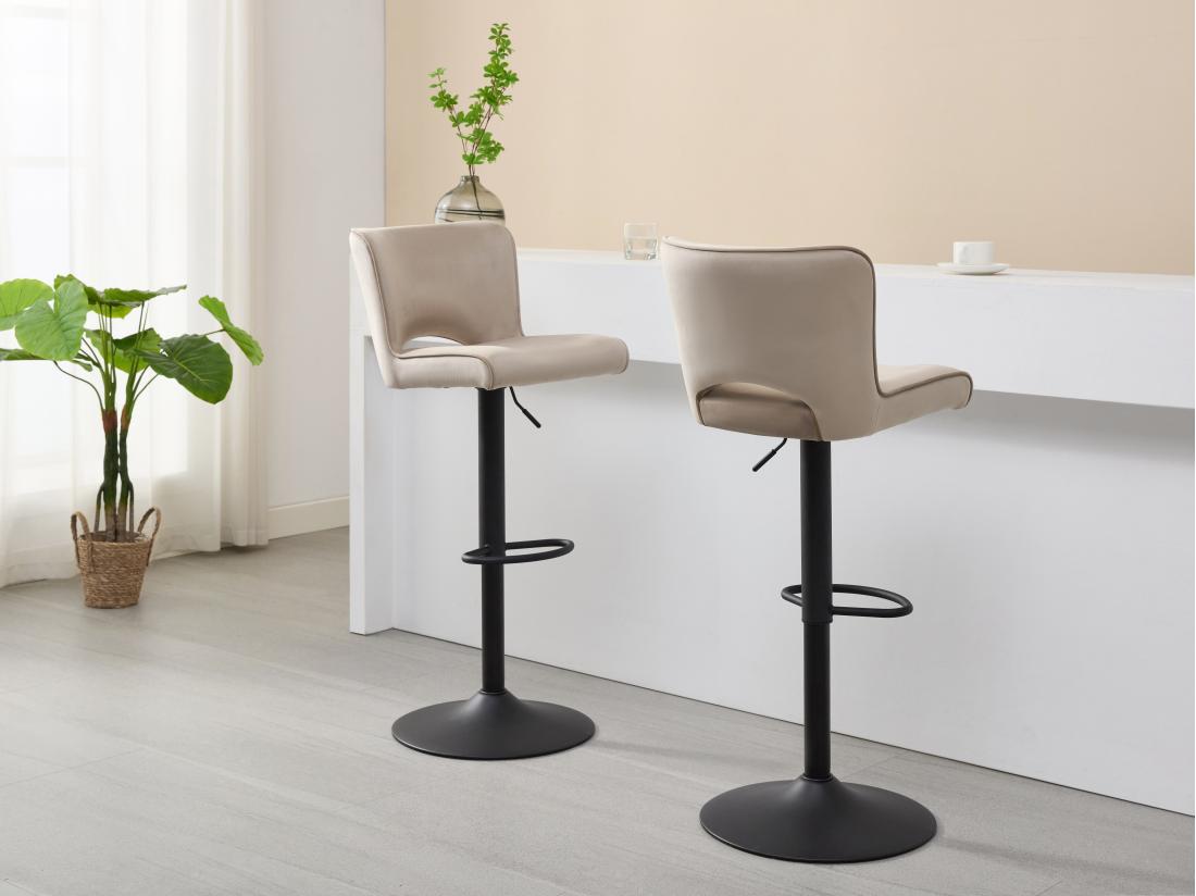 vente unique Lot de 2 tabourets de bar en velours et métal noir - Hauteur réglable - Beige - MIRIALO
