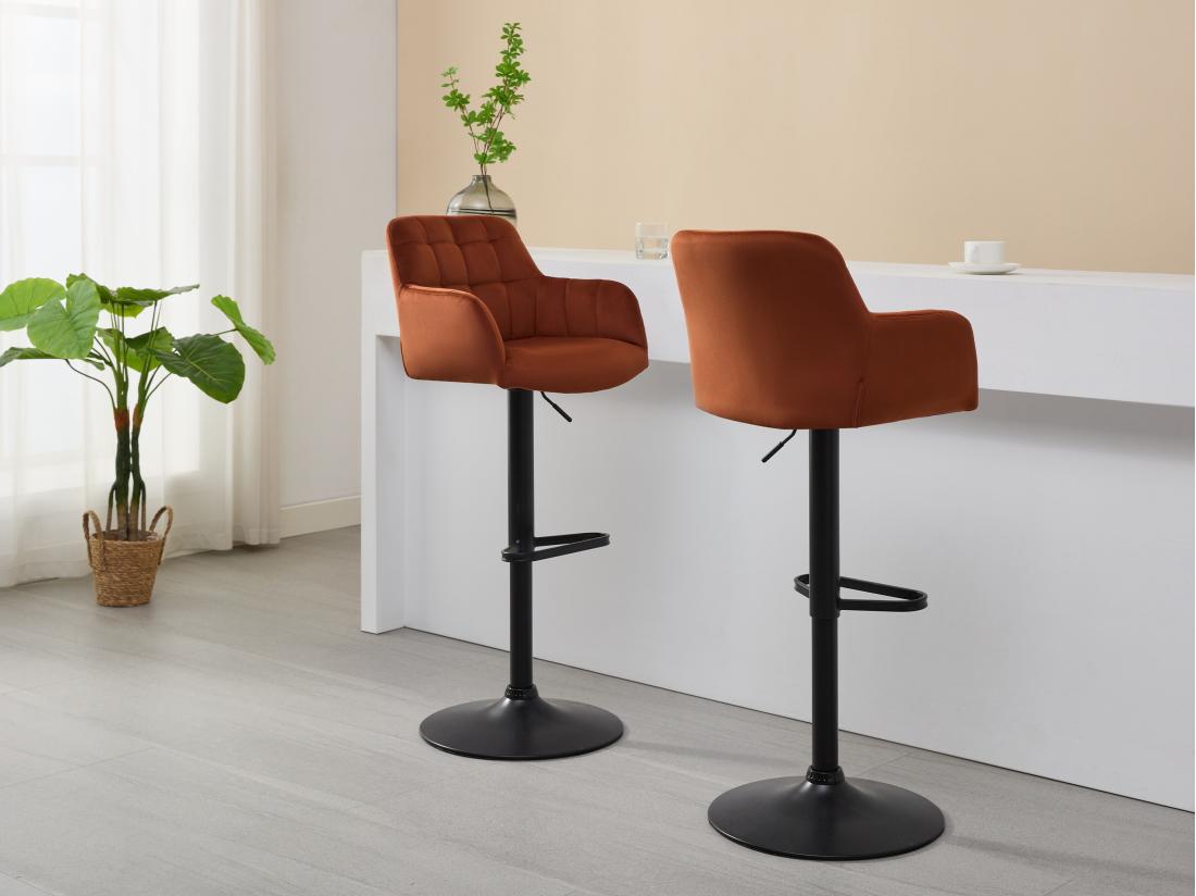 vente unique Lot de 2 tabourets de bar en velours et métal noir - Hauteur réglable - Terracotta - PEGA de Pascal MORABITO