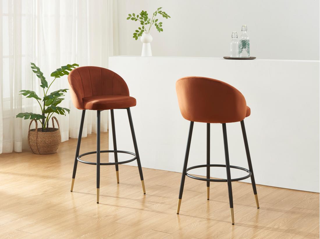 vente unique Lot de 2 tabourets de bar en velours et métal - Terracotta - ELIRAM