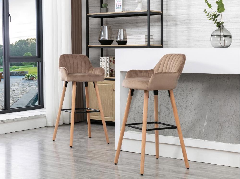 vente unique Lot de 2 tabourets de bar en velours et pieds bois de hêtre - Beige - ELEANA