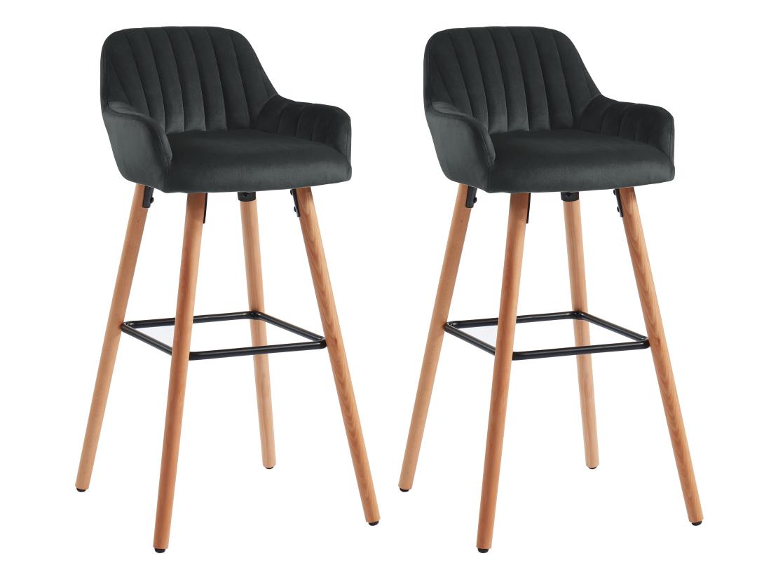 vente unique Lot de 2 tabourets de bar en velours et pieds bois de hêtre - Noir - ELEANA