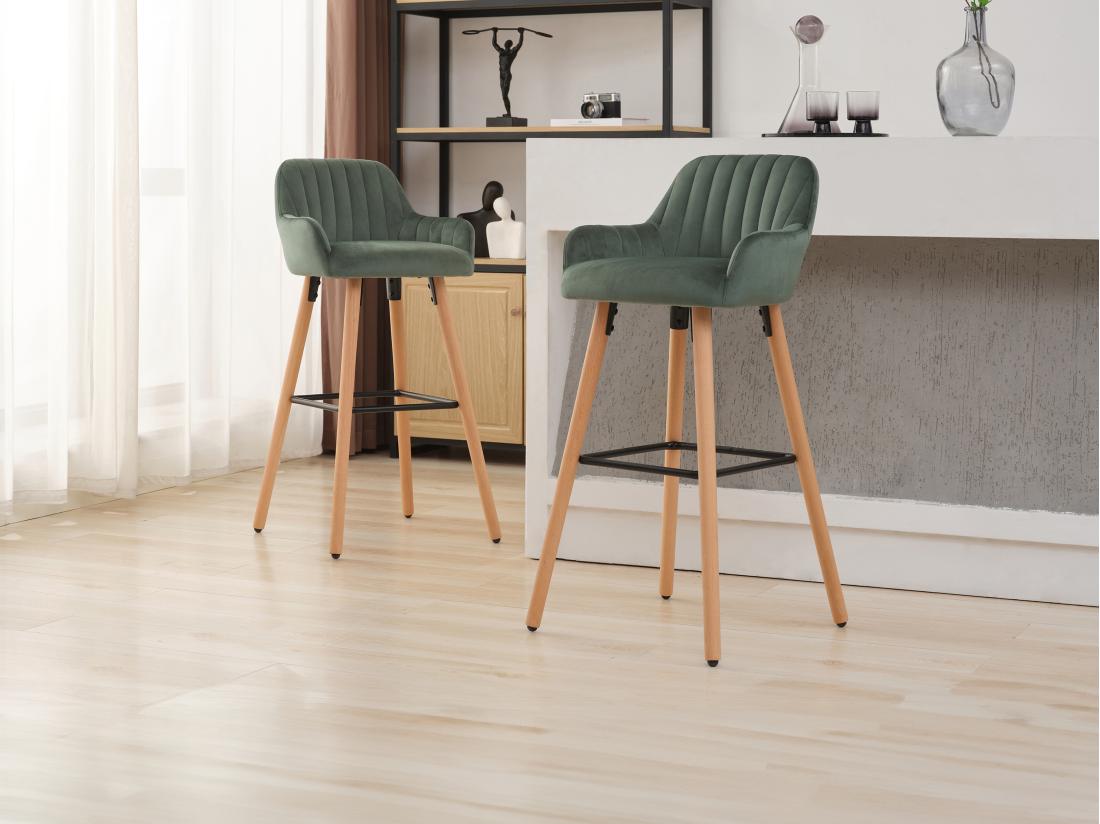 vente unique Lot de 2 tabourets de bar en velours et pieds bois de hêtre - Vert foncé - ELEANA