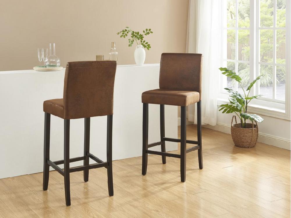 vente unique Lot de 2 tabourets de bar SANTOS - Microfibre aspect cuir vieilli - Pieds bois foncé