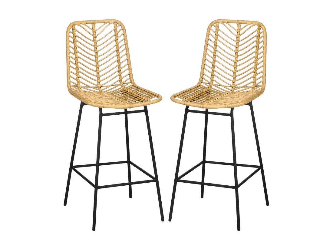 Vente Unique Lot De 2 Tabourets De Bar Style Colonial Piètement Acier Noir Résine Tressée Aspect Rotin